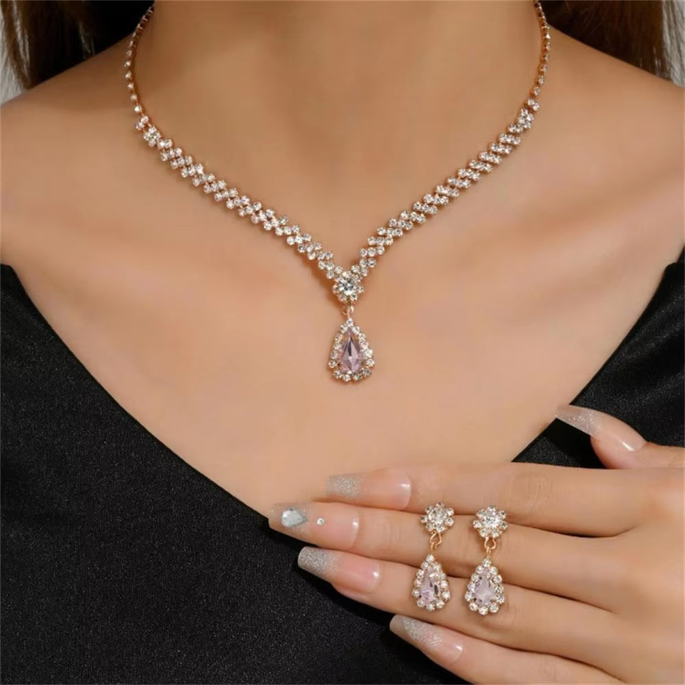 Simple Water Drop Crystal Rhinestone Necklace Earrings Chain for Women Wedding Bride Jewelry Sets Dress Accessories