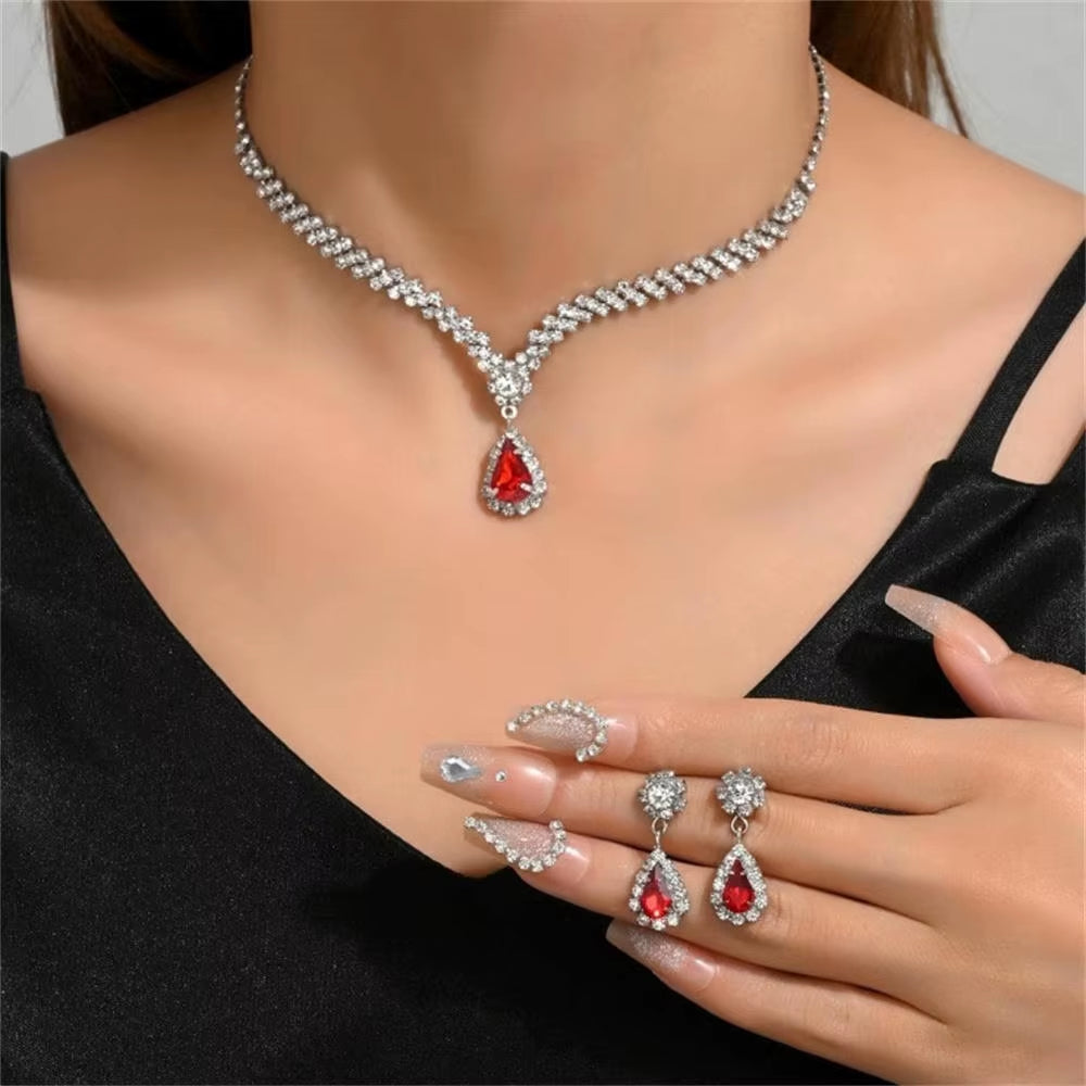 Simple Water Drop Crystal Rhinestone Necklace Earrings Chain for Women Wedding Bride Jewelry Sets Dress Accessories