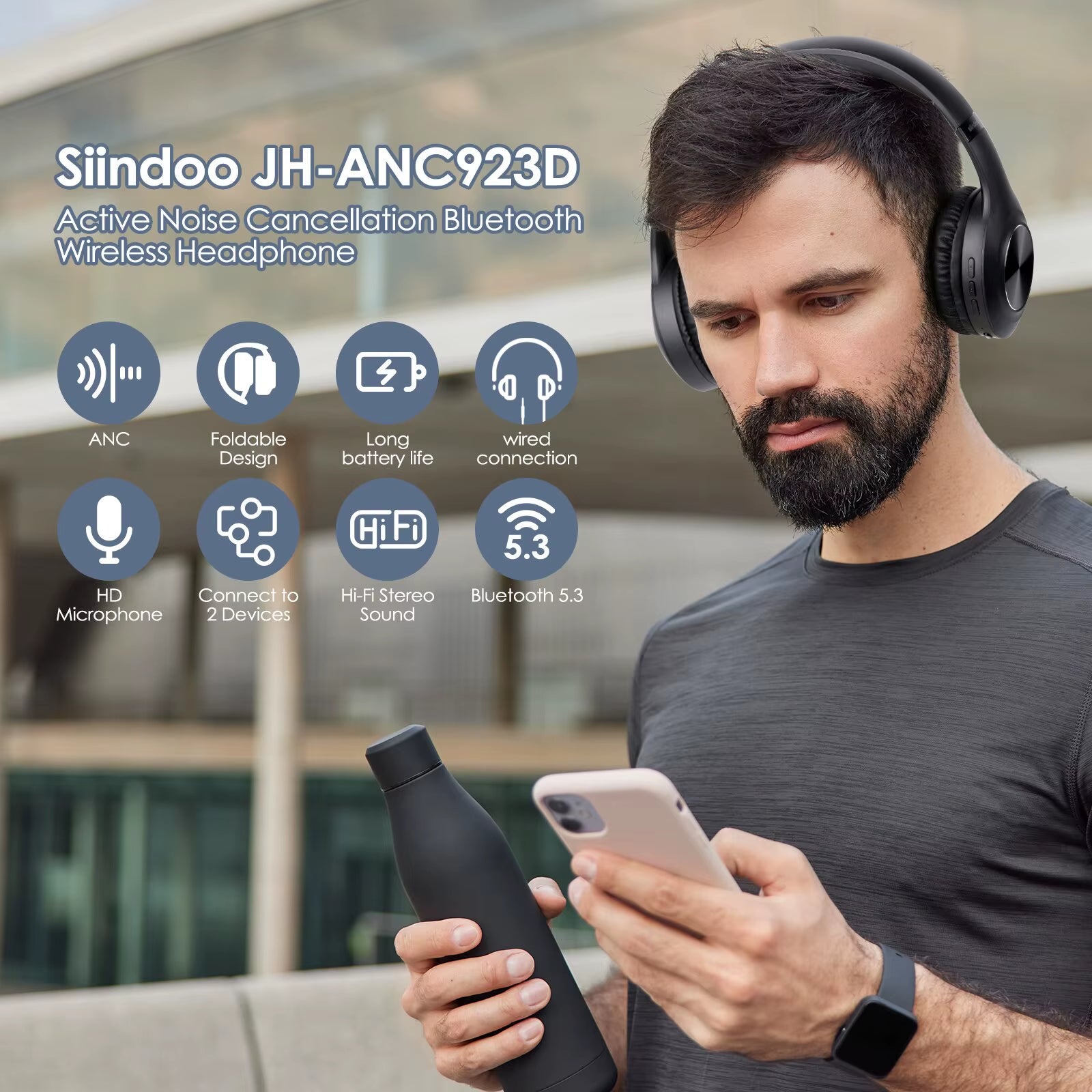 JH-ANC923 Active Noise Cancelling Wireless Headset Foldable Over-Ear Bluetooth Headphone with Mic Hi-Fi Stereo Deep Bass