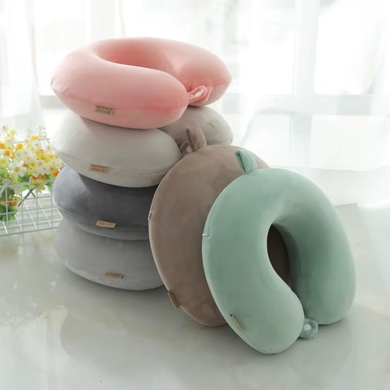 Solid Color Neck Pillow Slow Rebound Memory Cotton U-Shaped Pillow Car Travel Neck Pillow Office Embroidery U-Shaped Nap Pillow