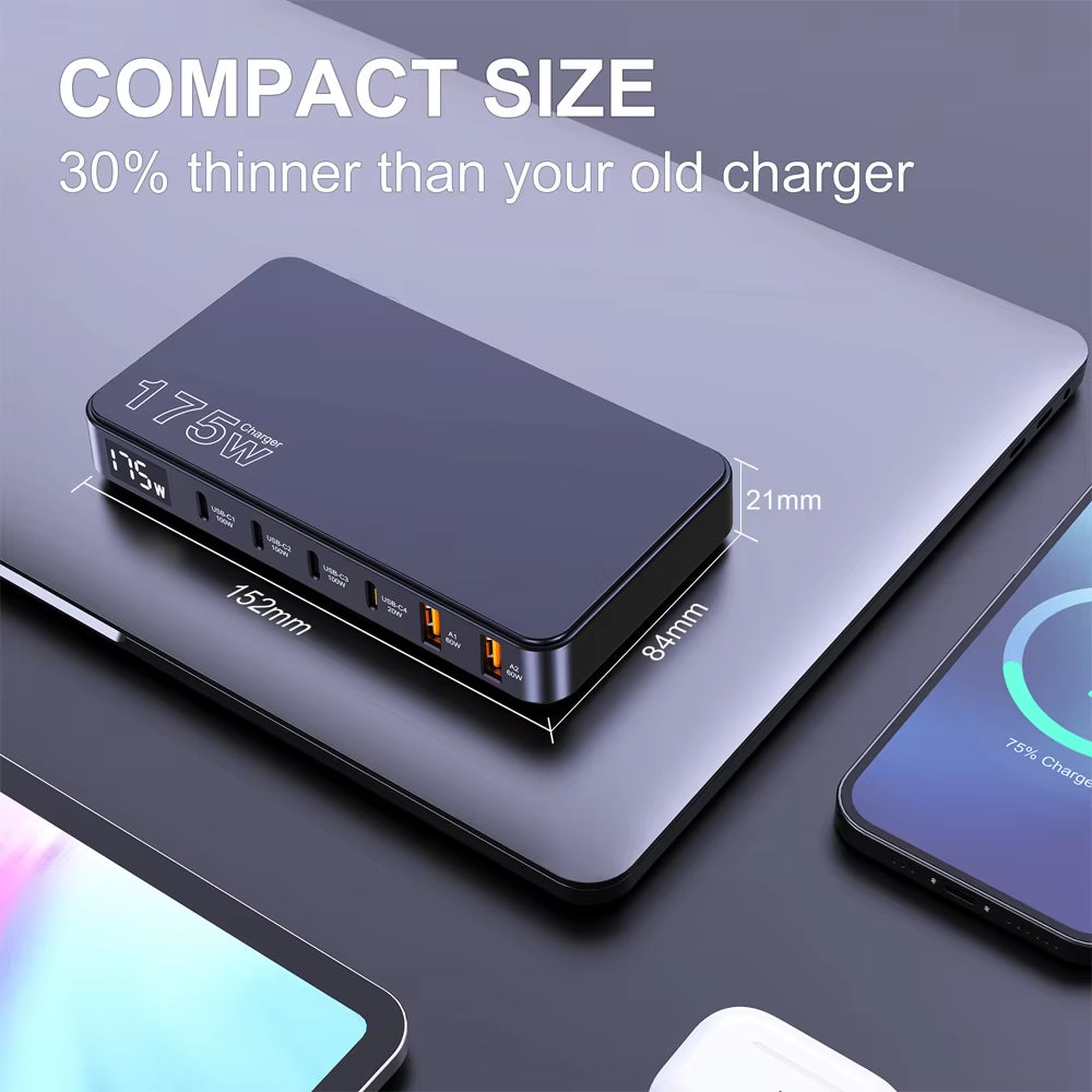 175W Gan USB C Charger LED Display 6-Port Desktop Charger Type C PD 100W PPS 45W Fast Charging for Macbook Samsung Iphone