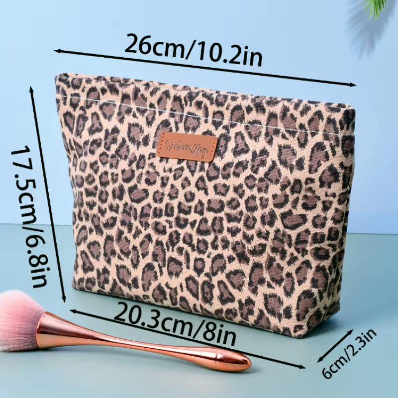 Leopard Print Large Makeup Bag - Stylish Cute Toiletry Organizer Handbag for Women Girls