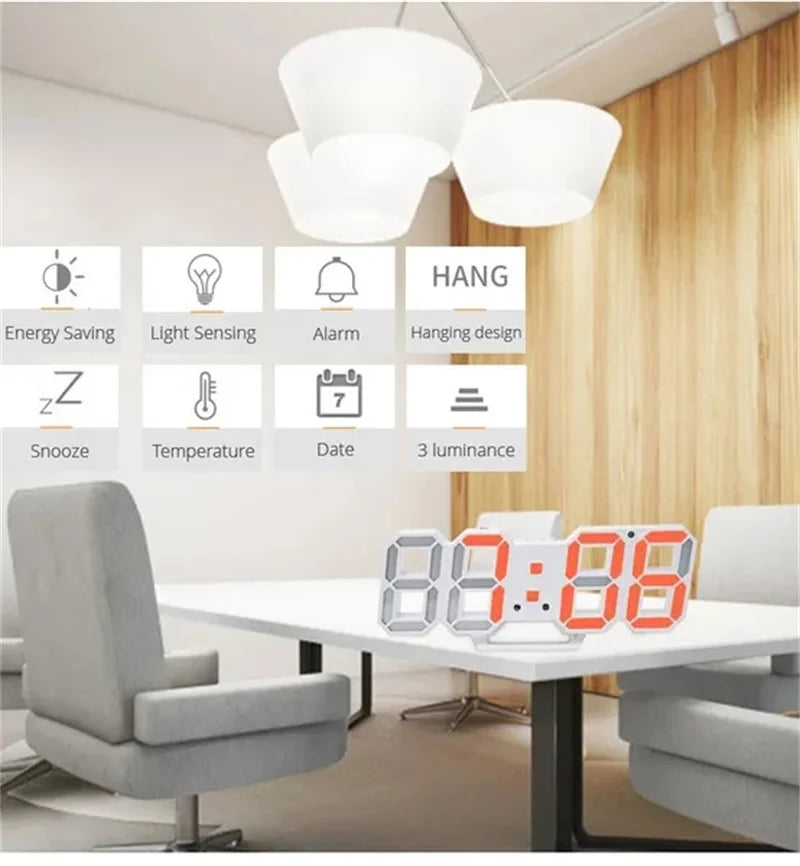 Digital Wall Clock 3D LED Date Time Celsius Nightlight Display Table Desktop Clocks Alarm Clock for Living Room Home Decoration