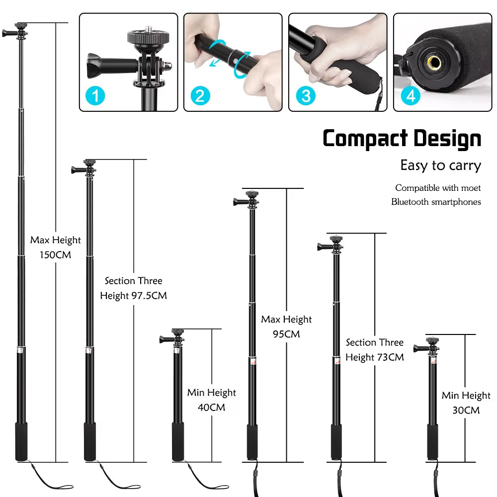 90/150Cm Adjustable Selfie Stick with Wireless Bluetooth-Compatible and Phone Clip for Smartphone Live Photo Youtube Outdoor