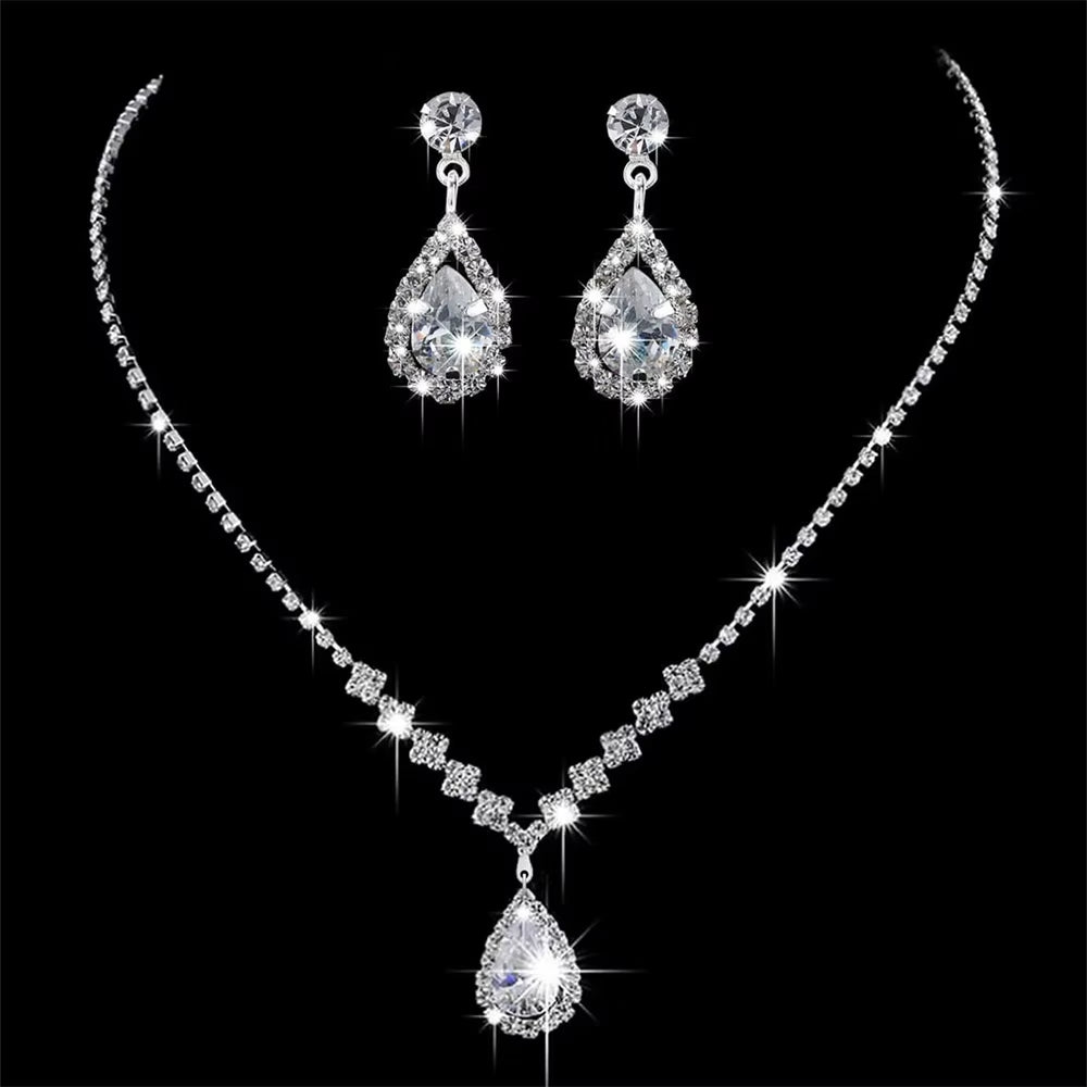 Simple Water Drop Crystal Rhinestone Necklace Earrings Chain for Women Wedding Bride Jewelry Sets Dress Accessories