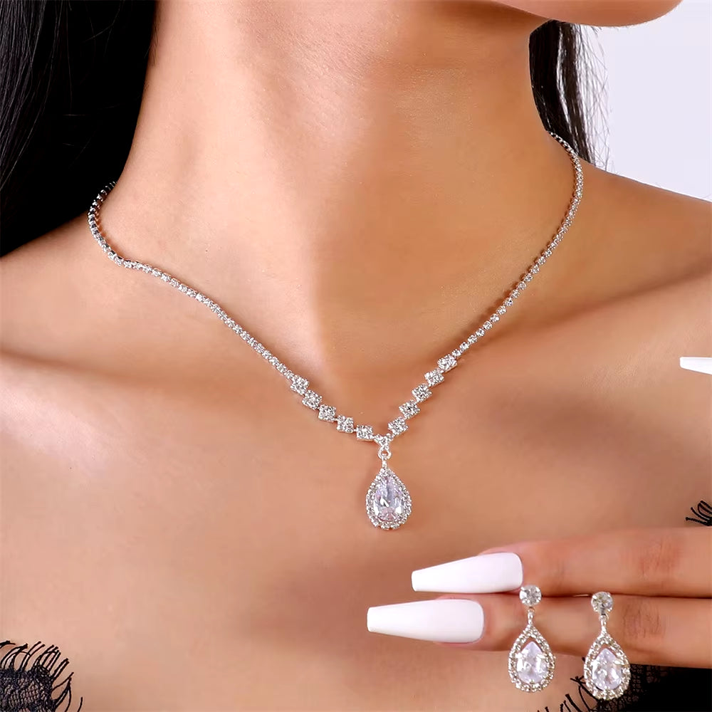 Simple Water Drop Crystal Rhinestone Necklace Earrings Chain for Women Wedding Bride Jewelry Sets Dress Accessories