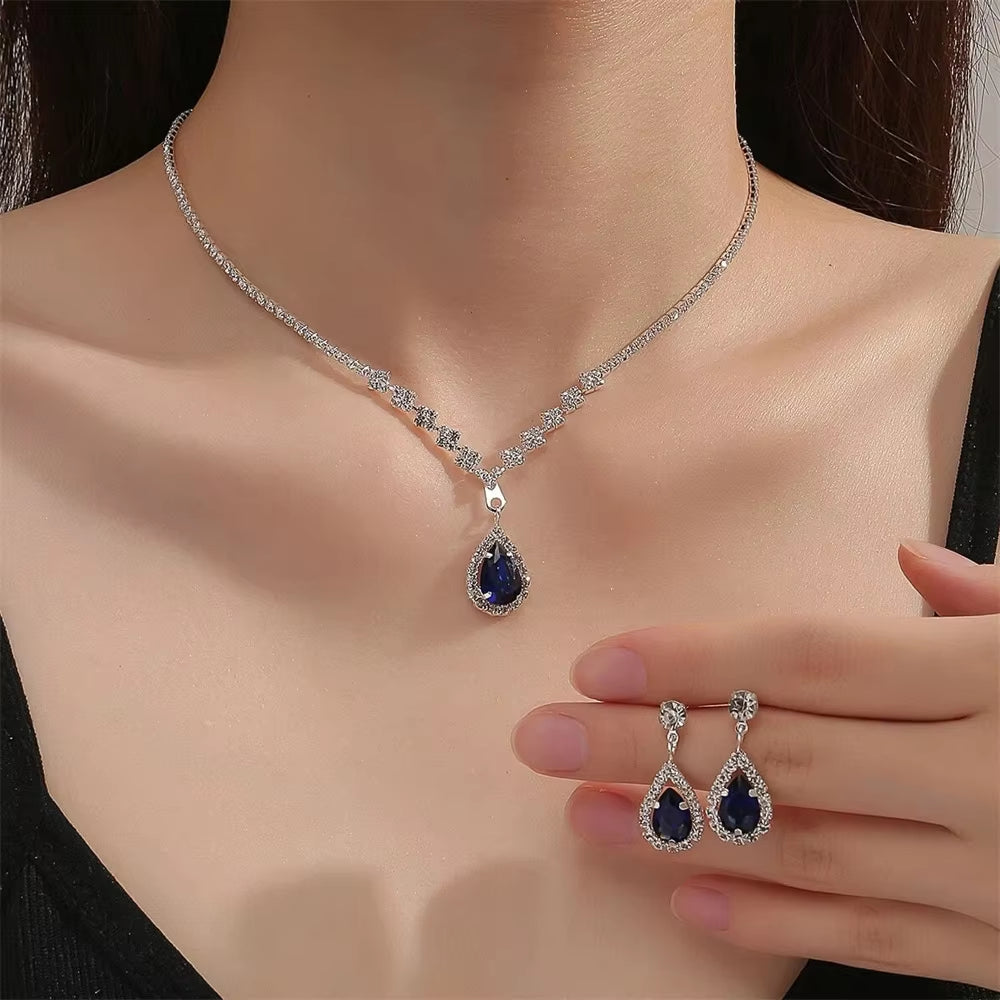 Simple Water Drop Crystal Rhinestone Necklace Earrings Chain for Women Wedding Bride Jewelry Sets Dress Accessories