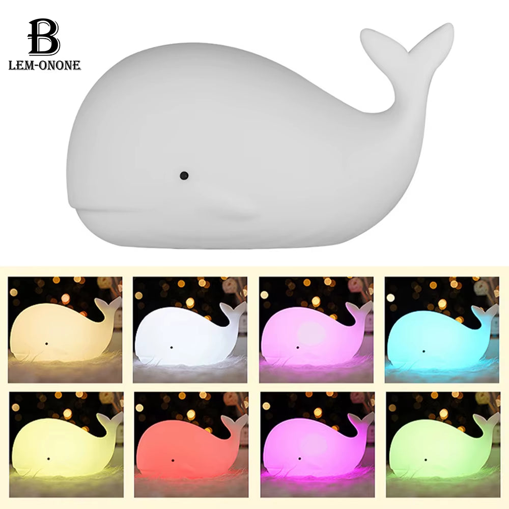 LED Night Lights Cartoon Whale Shape Silicone Patting Lamp USB Charging Atmosphere Lamps Bedside Decor for Kids Baby Gifts