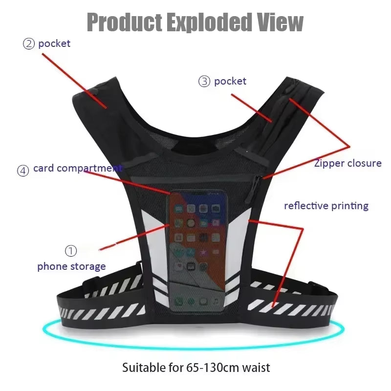 Reflective Running Backpack Universal Lightweight Sports Running Vest Mobile Phone Cards Bag for Jogging Fitness Men and Women