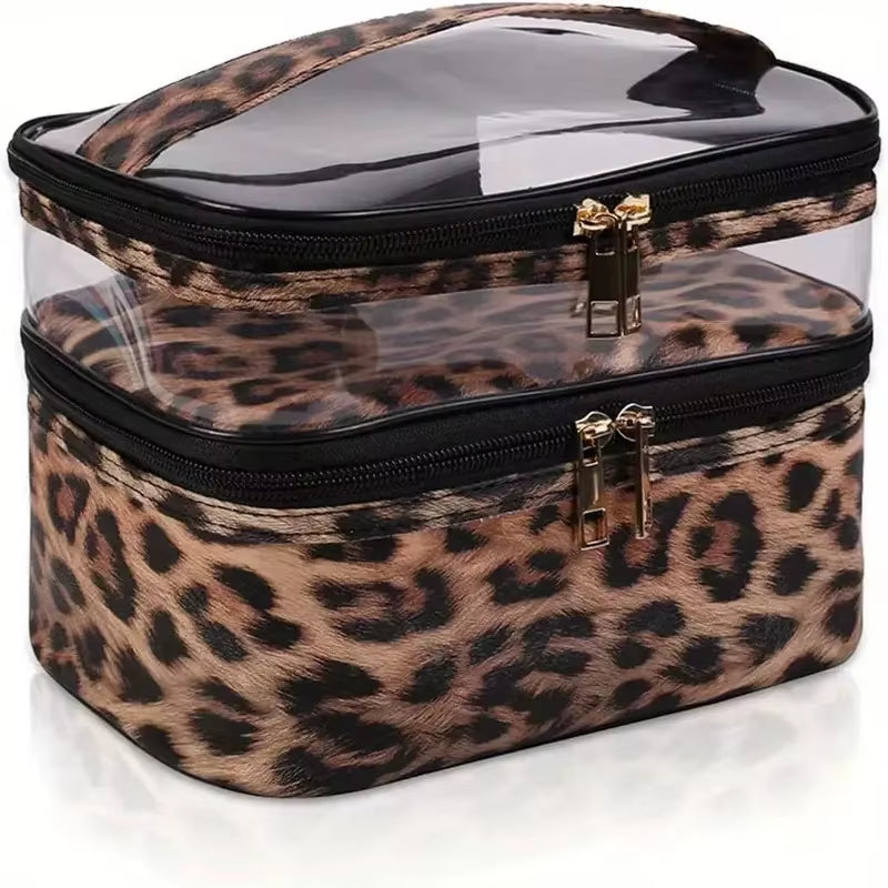 Leopard Print PVC Transparent Double-Layer Makeup Bag Large Capacity Waterproof Toiletry Bag Portable Cosmetic Storage Bag