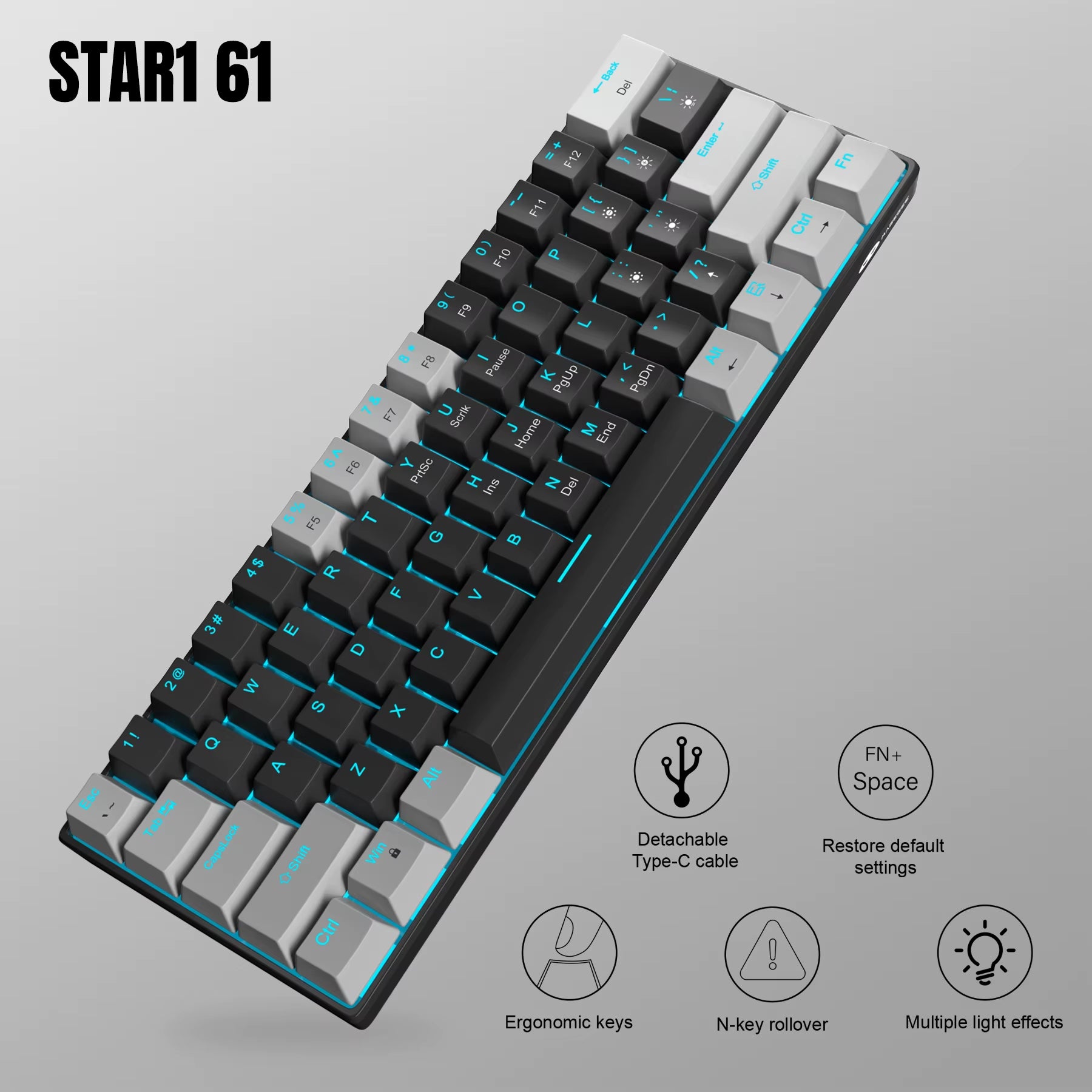 Mk-Star61 60% Mechanical Gaming Keyboard 61Keys Sea Blue Backlit Small Compact Portable 60 Percent Gaming Keyboard Gamer