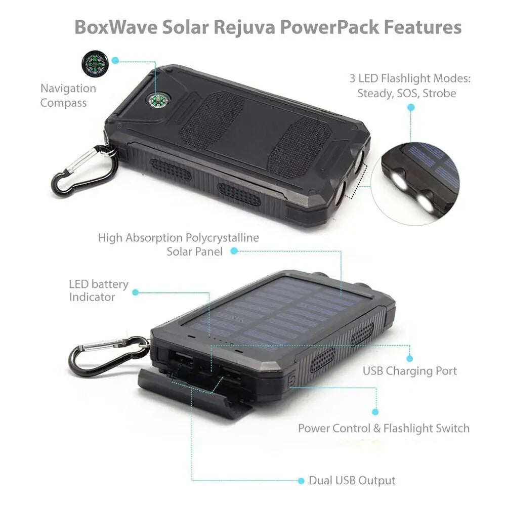 New 20000Mah Solar Power Bank Outdoor Waterproof Solar Power Charging Bank 2Usb Led Battery Charger for Cell Phone with Buckle