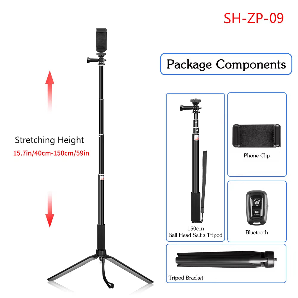 90/150Cm Adjustable Selfie Stick with Wireless Bluetooth-Compatible and Phone Clip for Smartphone Live Photo Youtube Outdoor