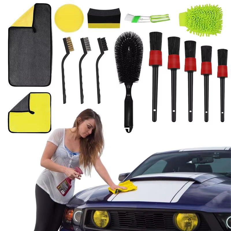 15Pcs/Set Car Detailing Body Interior Cleaning Tools Kit Brush Foam Sponge Microfiber Towel Gloves Water Wash Auto Acessories