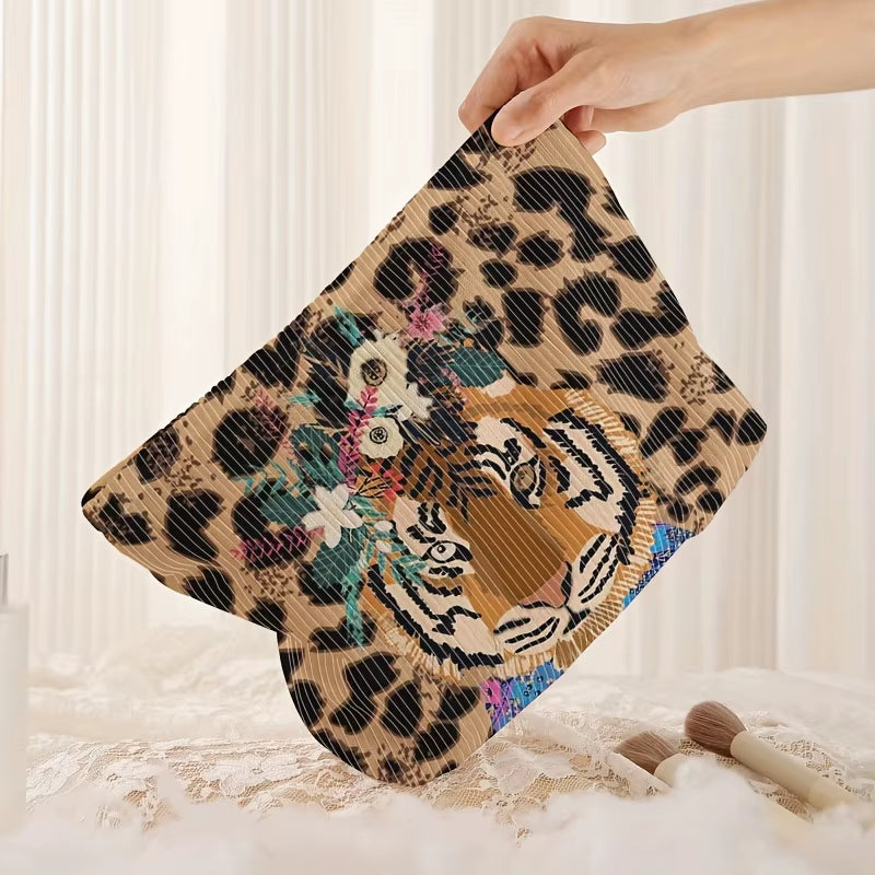 Fashionable Tiger Leopard Print Corduroy Makeup Bag with Zipper, Lightweight Multifunctional Cosmetic Storage Bag with Lining