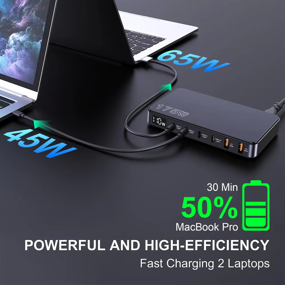 175W Gan USB C Charger LED Display 6-Port Desktop Charger Type C PD 100W PPS 45W Fast Charging for Macbook Samsung Iphone