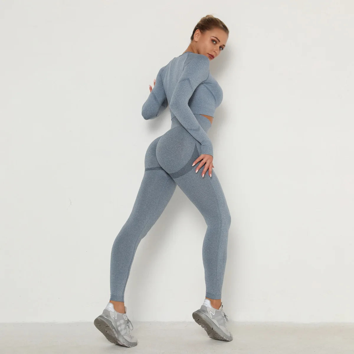 Seamless Women Gym Set Long Sleeve Top Belly Control High Waist Sport Leggings Gym Clothes Girls Tracksuit Sport Suit Sportwear