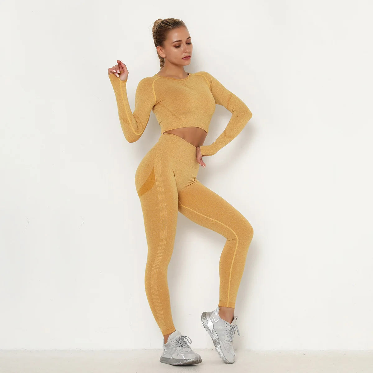 Seamless Women Gym Set Long Sleeve Top Belly Control High Waist Sport Leggings Gym Clothes Girls Tracksuit Sport Suit Sportwear