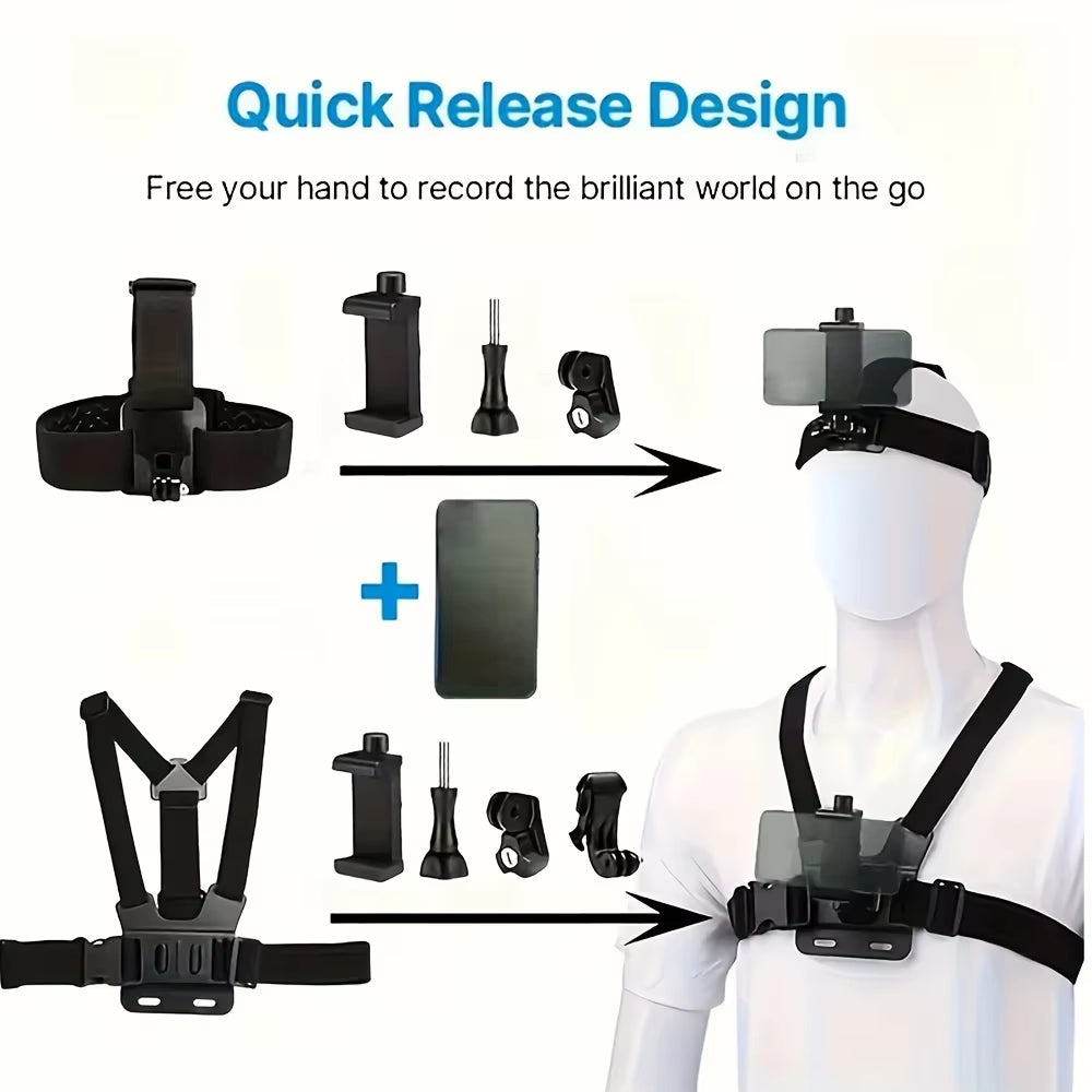 All-In-One 6Pcs Action Camera Kit Head Strap Chest Strap Mount Adjustable for Gopro Phone Osmo Enhanced Stability Versatility