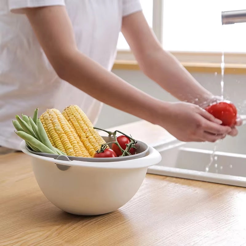 Kitchen Rotatable Double Drain Basket Fruits Vegetables Washing Storage Basket Strainers Bowl Cleaning Filter Colander Tool