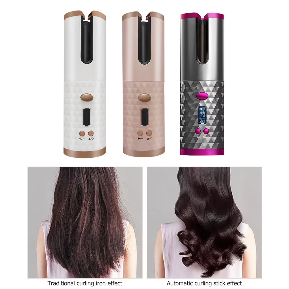 Cordless Automatic Curling Iron Hair Curler Portable Rechargeable Lazy Hair Curler LCD Display Ceramic Curly Rotating Wave Styer